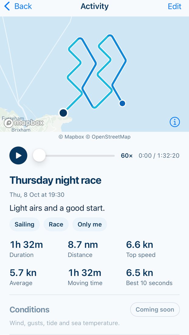 The Cursu app showing a sail's route on the map, with its time, distance and speeds.